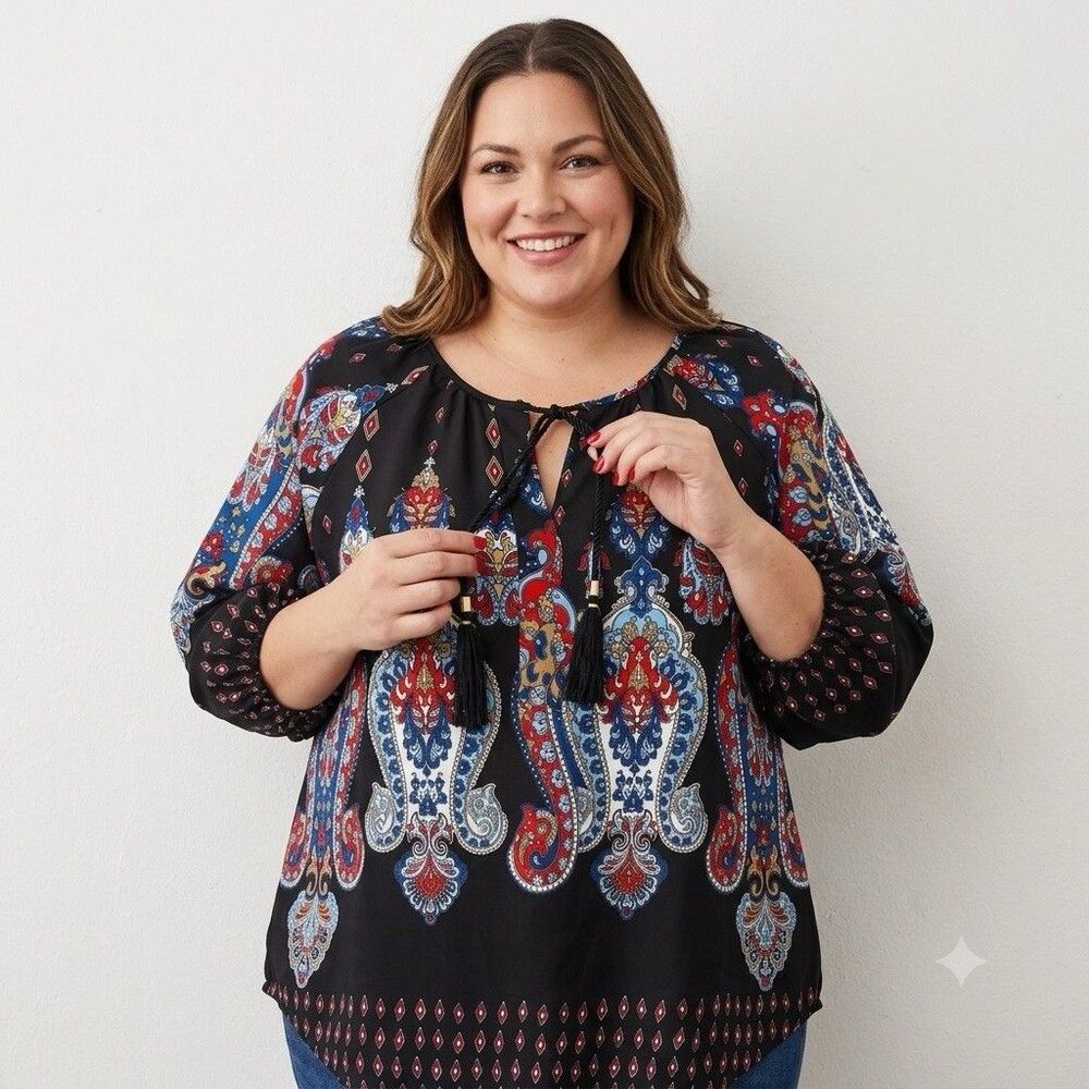 Meraki Boho Black Paisley Printed 3/4 Sleeve Peasant Blouse Tassel Neck XL